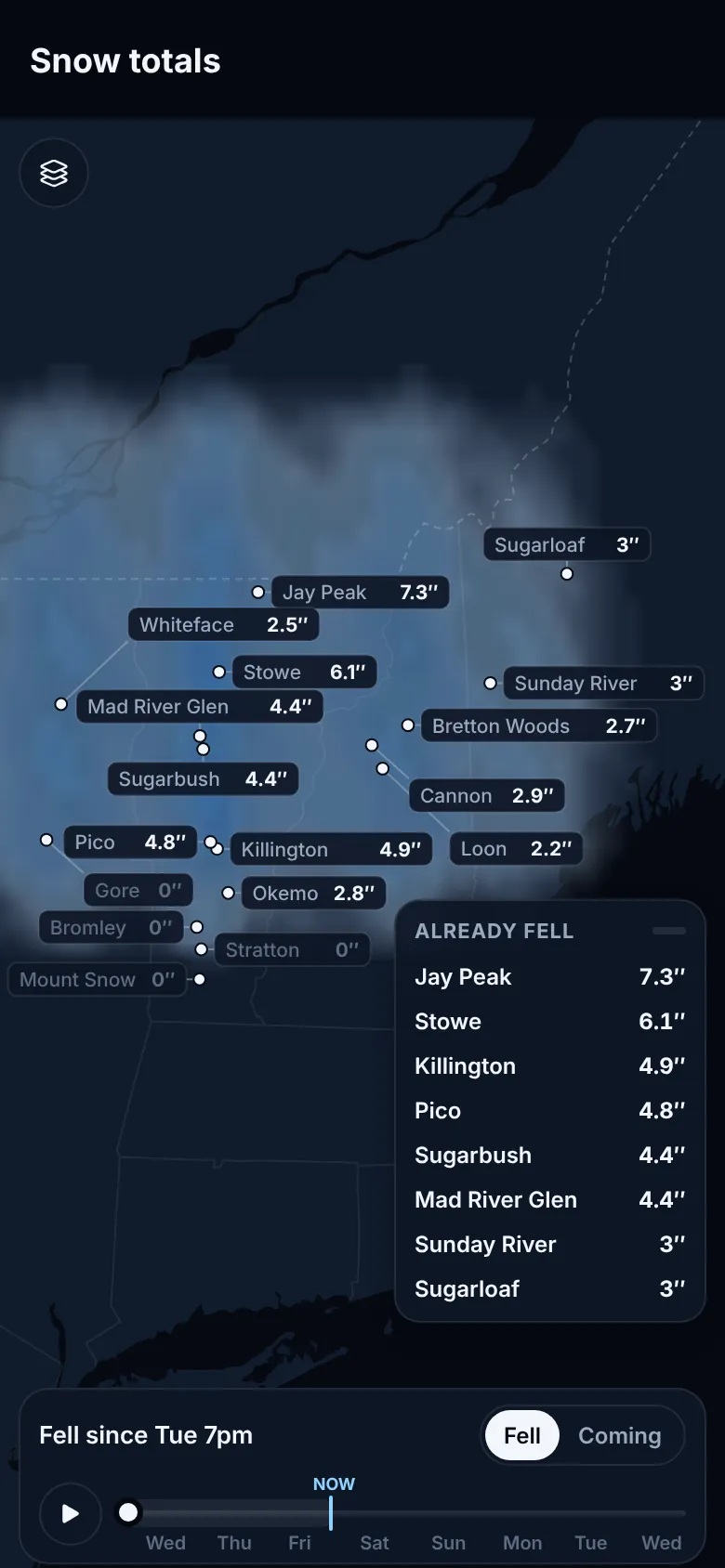Snow totals map: every mountain labelled with how much already fell since Tuesday