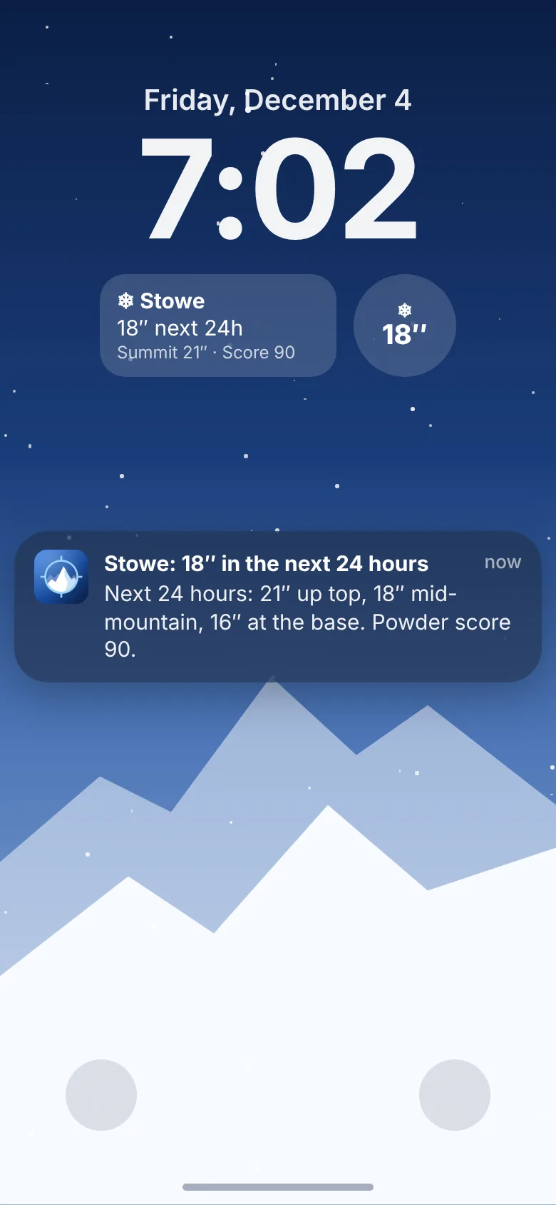 Lock screen with a Powhunt powder alert for Stowe and Powhunt widgets showing 18 inches in the next 24 hours