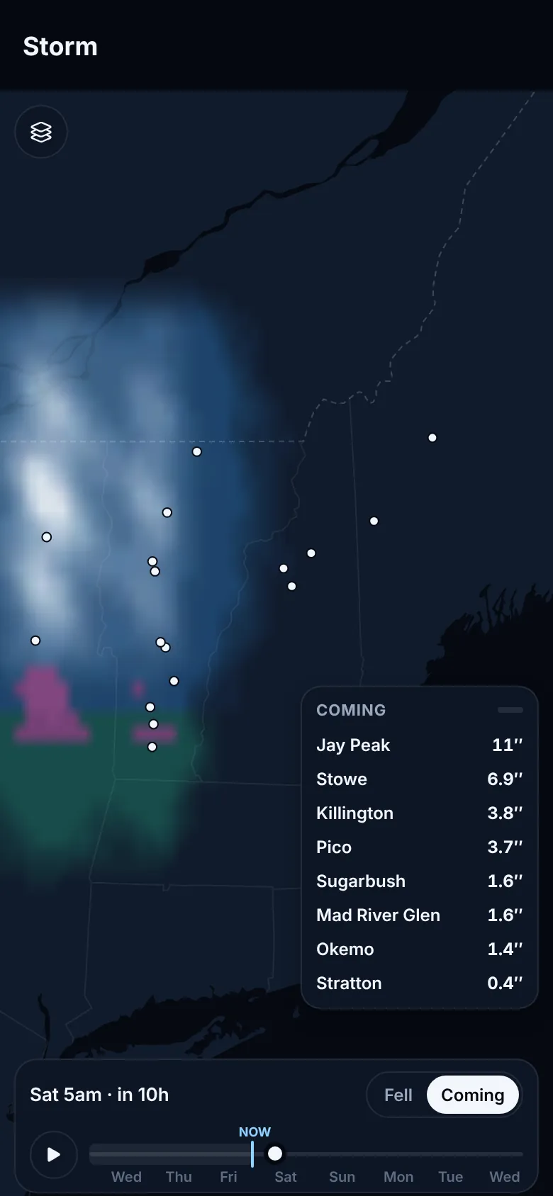 Storm map: snow, rain and mix moving across Vermont, New Hampshire, Maine and New York, with mountains ranked by snow coming