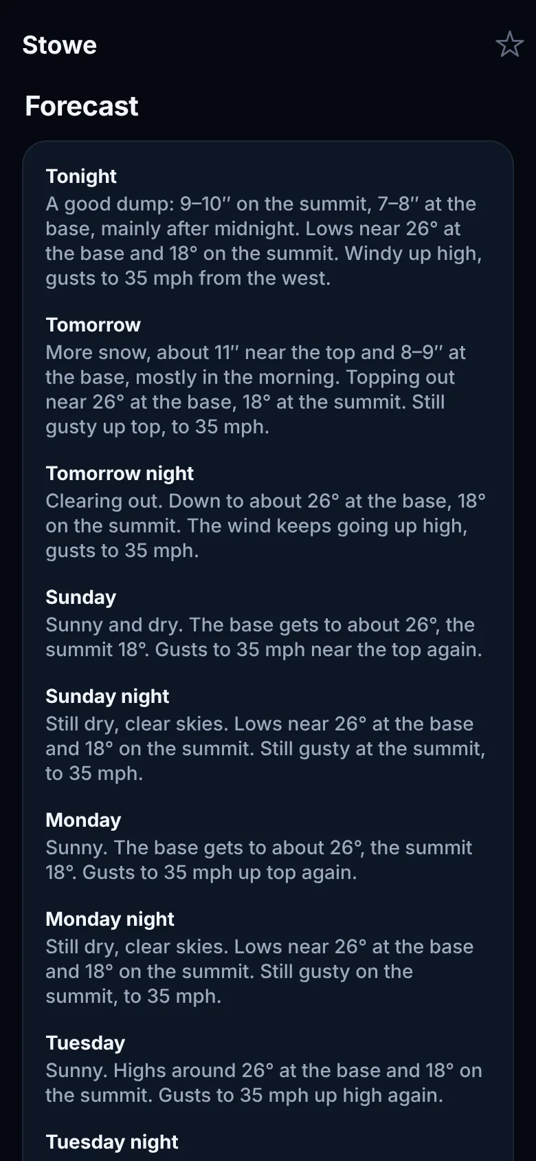 Stowe's written forecast: tonight a good dump, 9 to 10 inches on the summit and 7 to 8 at the base, mainly after midnight